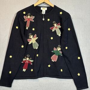 Talbots Black Angel Sweater Embroidered Stars Ramie Cotton Holiday Style Medium